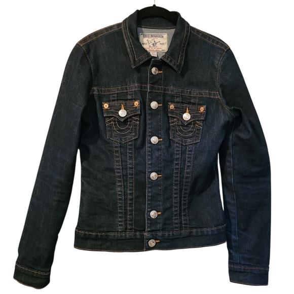 True Religion Mens Medium Dark Blue Denim World Tour Trucker Jacket Streetwear - Picture 1 of 16